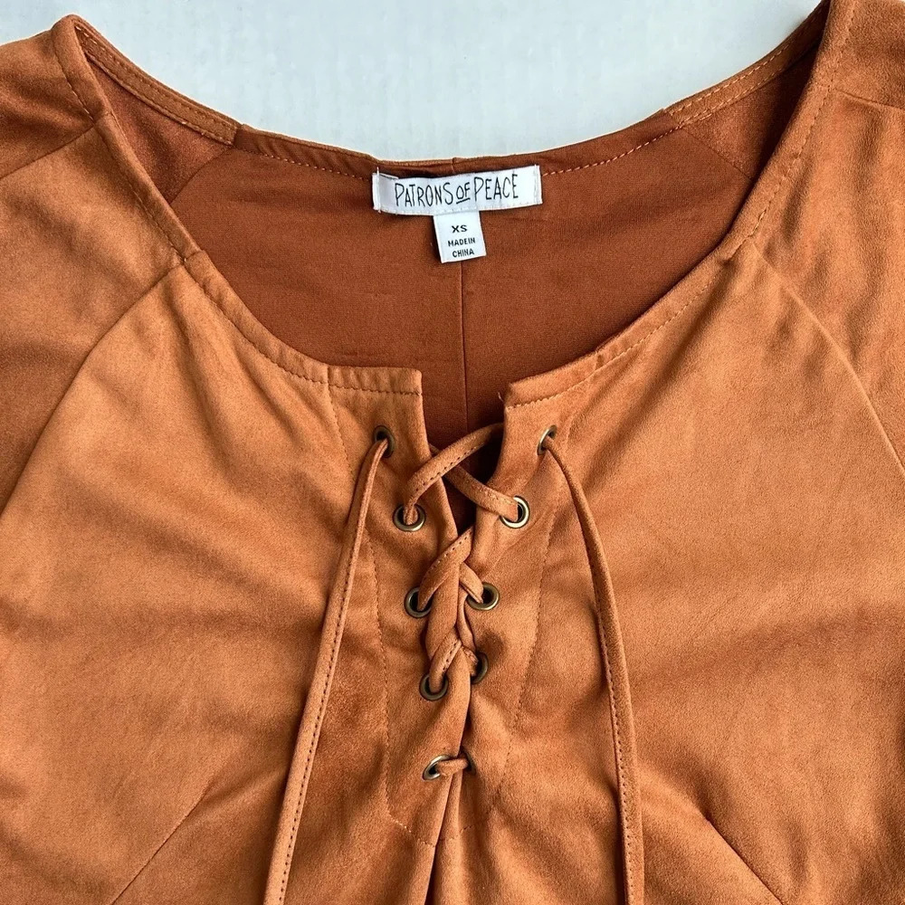 Patrons of Peace Brown Faux Suede‎ Short Sleeve Mini Dress XS Boho Festival - Picture 7 of 9